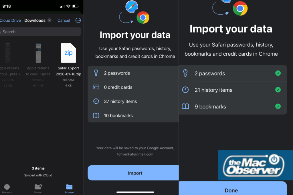 iPhone 上的 Chrome 在设置中显示 Safari 导入选项，并有逐步说明如何导出 Safari 数据和选择 ZIP 文件。