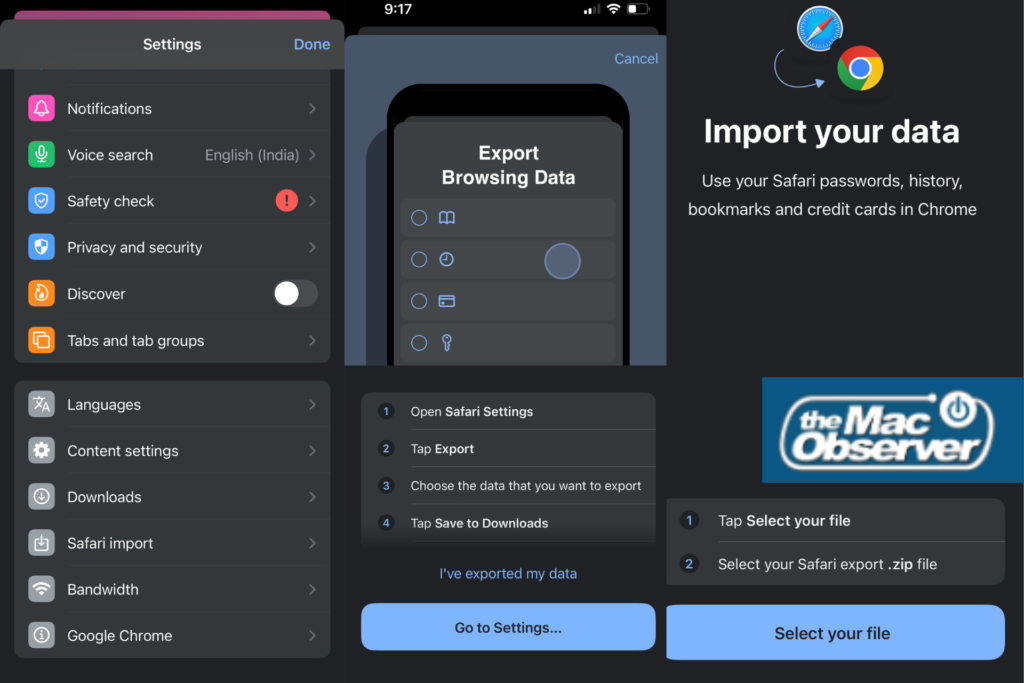 iPhone 上的 Chrome 在设置中显示 Safari 导入选项，并有逐步说明如何导出 Safari 数据和选择 ZIP 文件。