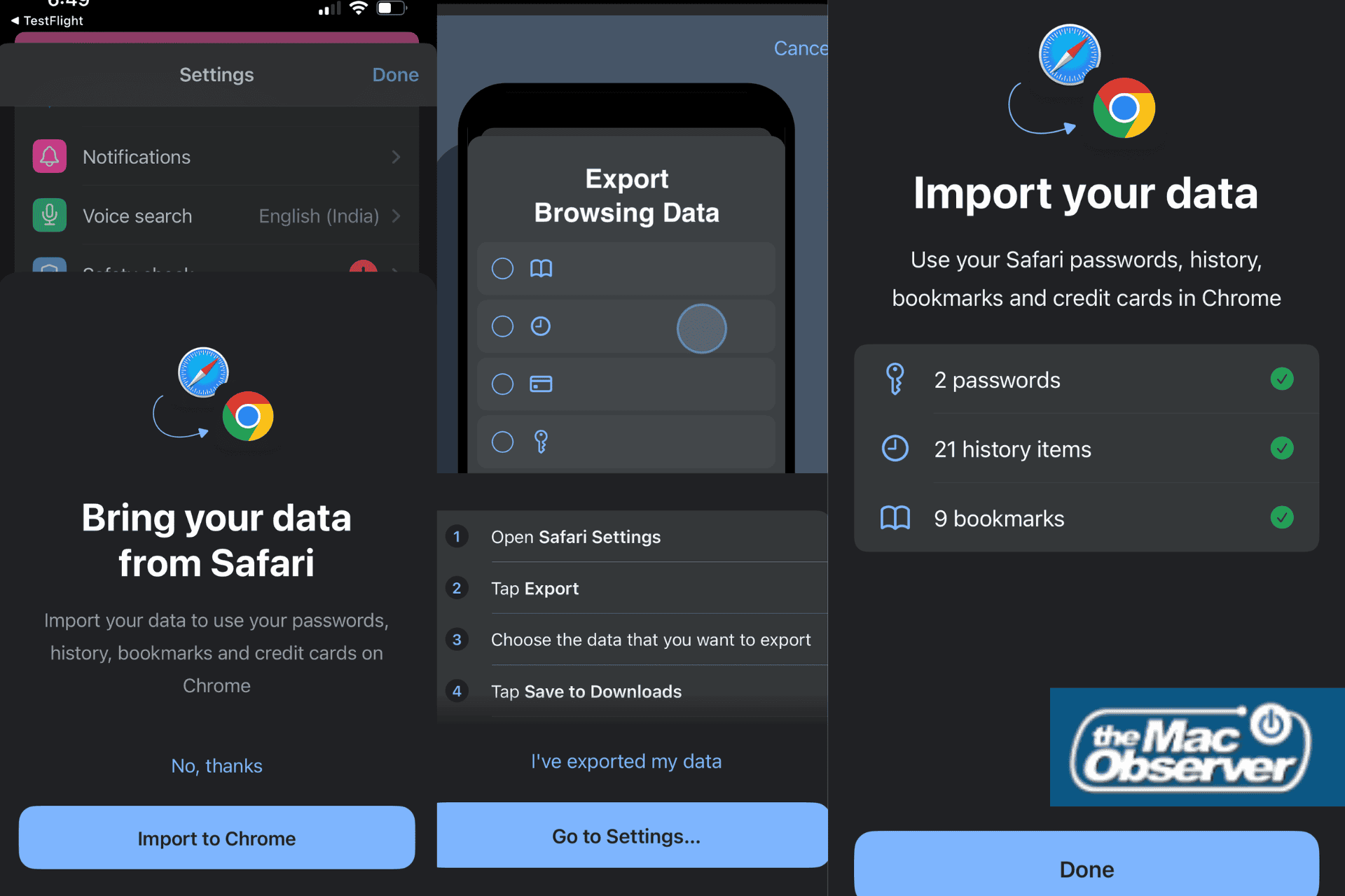 iPhone 版 Chrome 的三屏视图，显示 Safari 数据导入界面，包括导出说明、数据预览和导入确认。